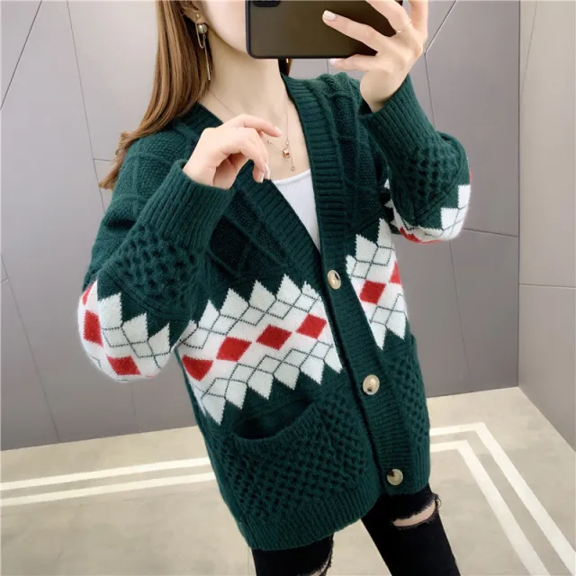 Women's Korean style Loose fit Cardigan For Spring And Autumn Green - Shop at LoveMi