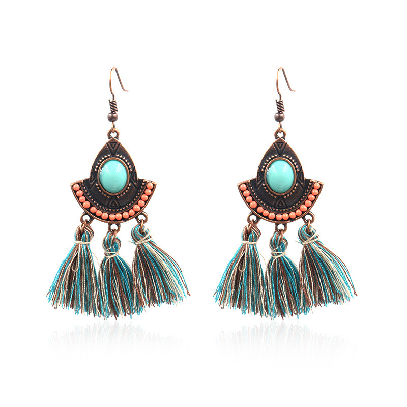 Women's Earrings European And American Bohemian Style New Exaggerated Woven Silk Thread Ear Rings Turquoise Tassel Earrings
