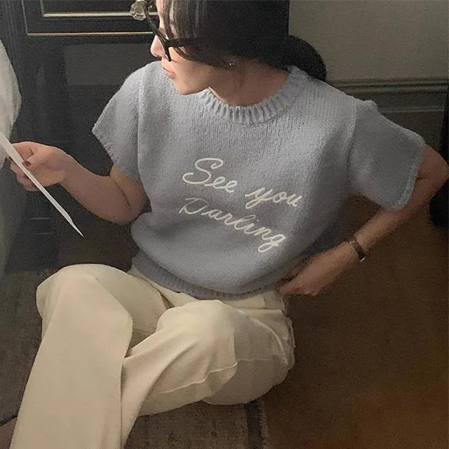 Temperament Crew Neck Letters Contrast Color Loose Casual Short sleeved Knitted Sweater Blue - Shop at LoveMi