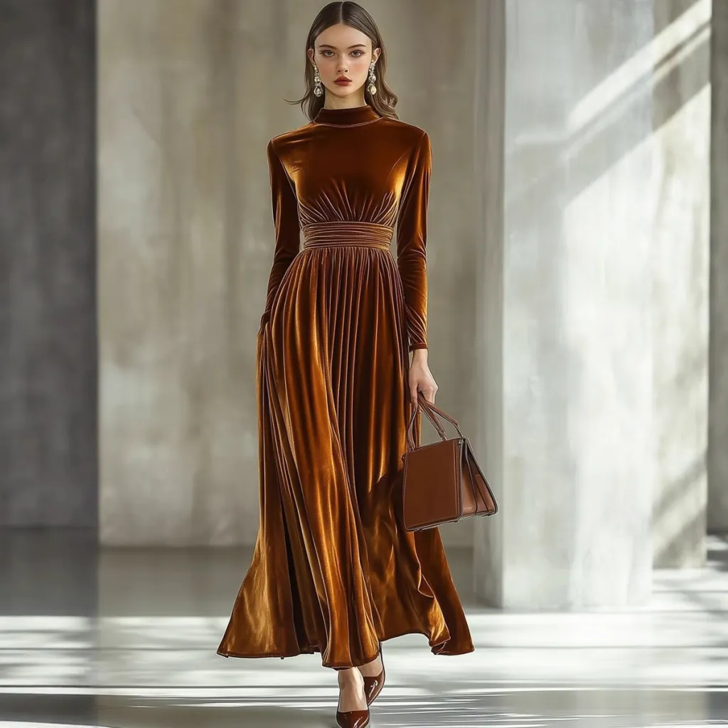 Pleuche Long Sleeve Dress Waist Slimming - Caramel