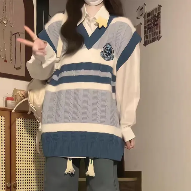 Contrast Color Knitted Sweater Women's Spring And Autumn Loose Blue - Shop at LoveMi