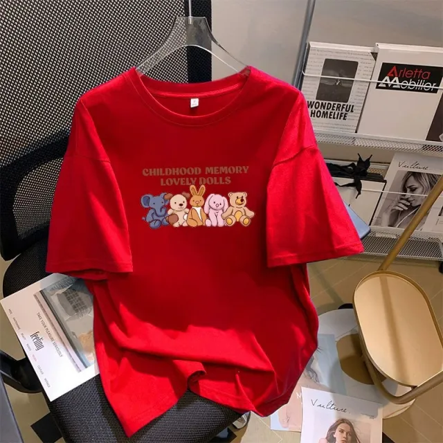Cartoon Printed Cotton Short sleeved T shirt For Women Red - Shop at LoveMi