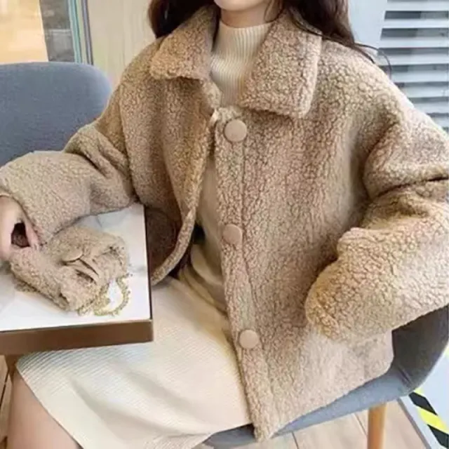 Lamb Wool Coat Female Fleece lined Thick Loose Khaki - Shop at LoveMi