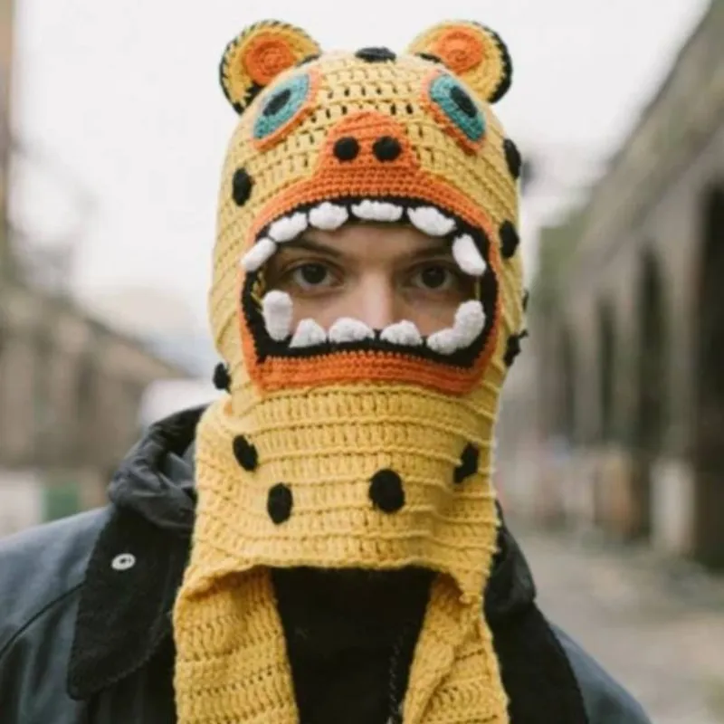New Knitted Hand Crocheting Leopard Balaclava Autumn And Winter Windproof Pullover Mask One-piece Hat - Yellow