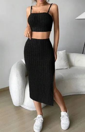 Women's Solid Color Stretch Tight Midriff baring Camisole Hip Skirt Suit Black - Shop at LoveMi