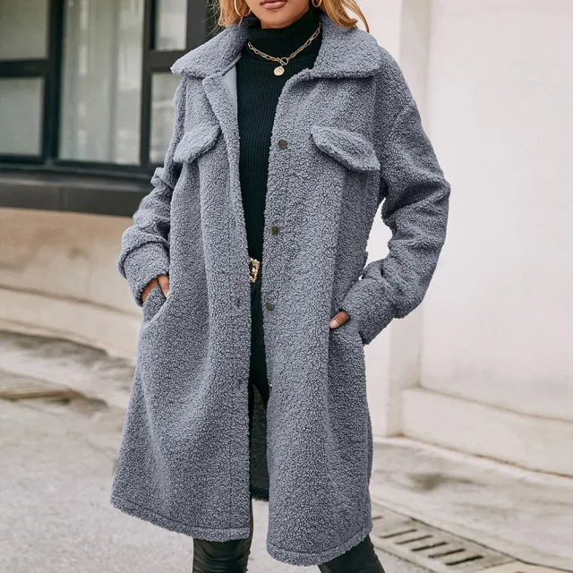 Mid length Lapel Belt Single breasted Plush Trench Coat Blue Gray - Shop at LoveMi