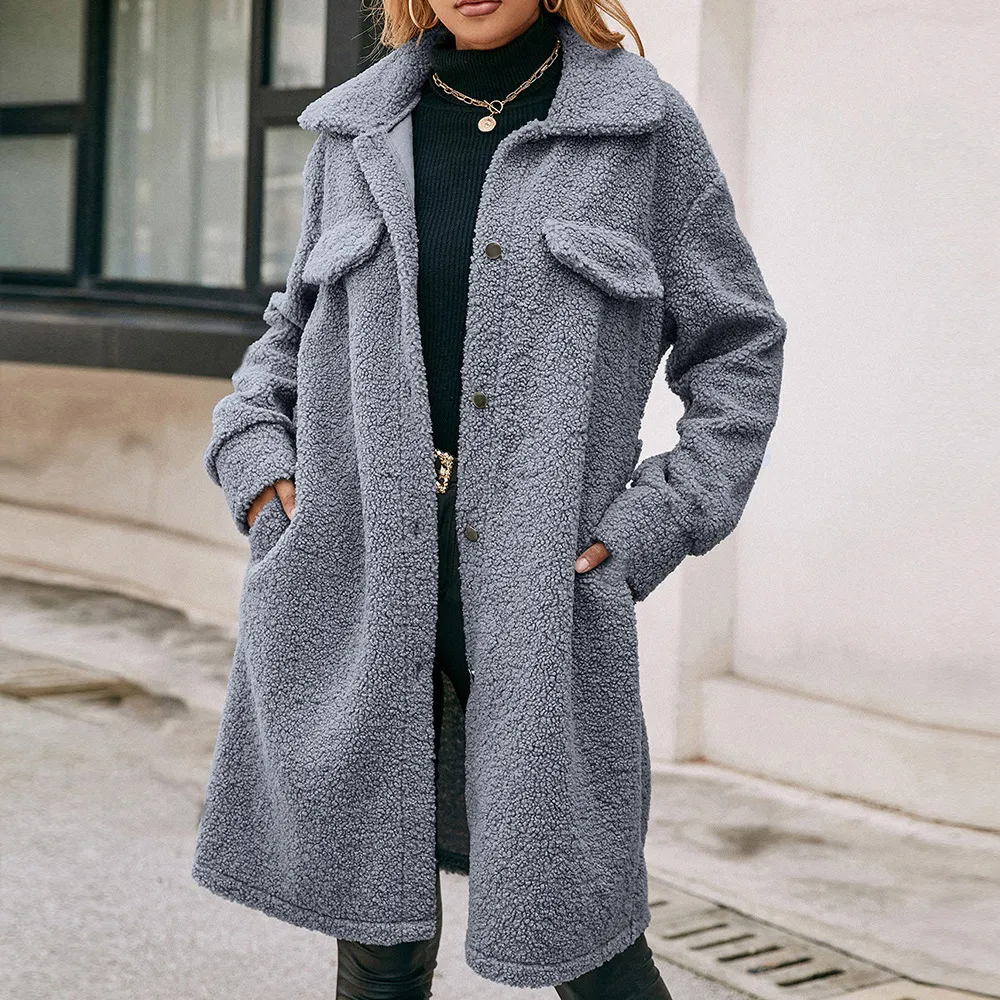 Mid-length Lapel Belt Single-breasted Plush Trench Coat - Blue Gray