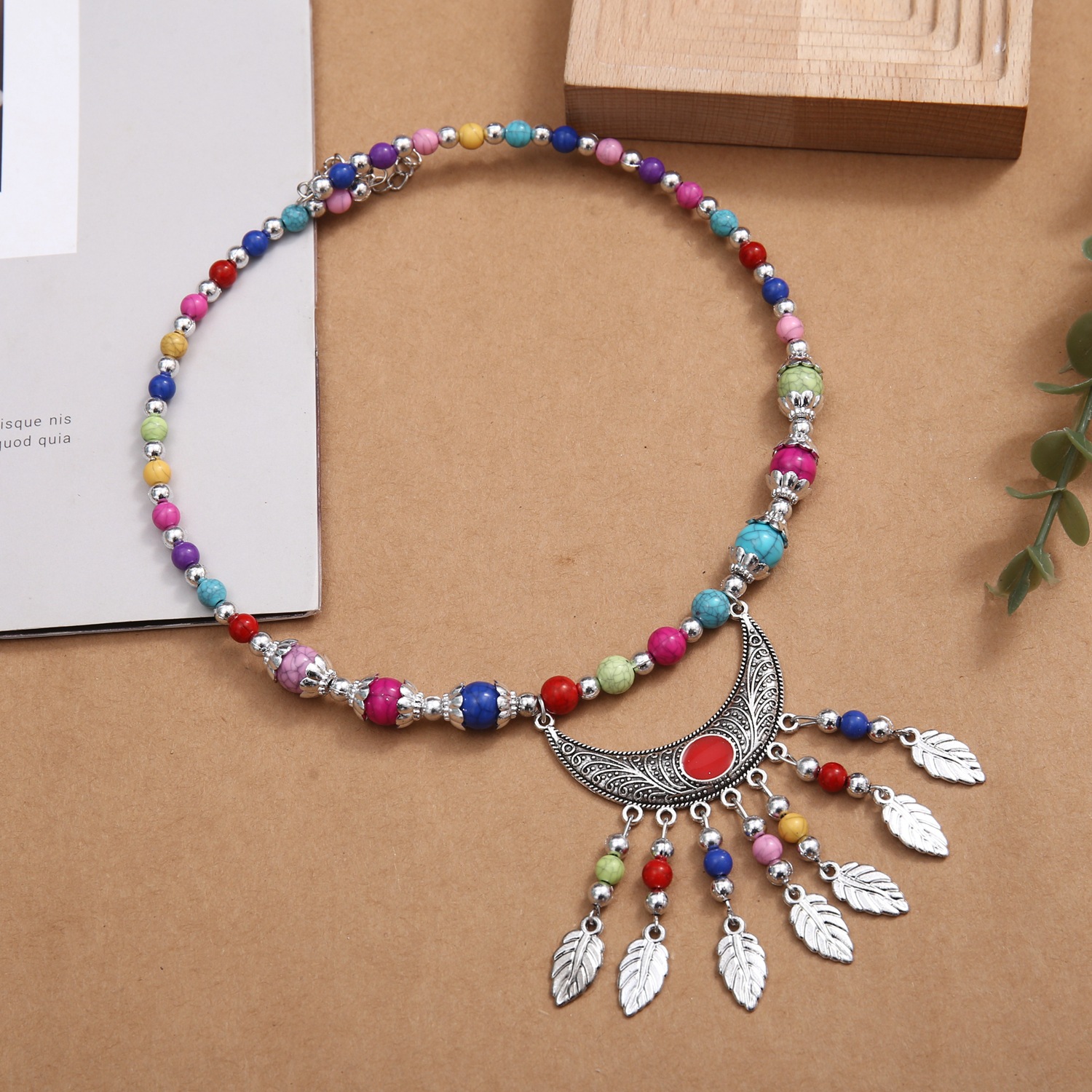Ethnic-style Colorful Crackle-bead Pendant Necklace With Alloy Accents