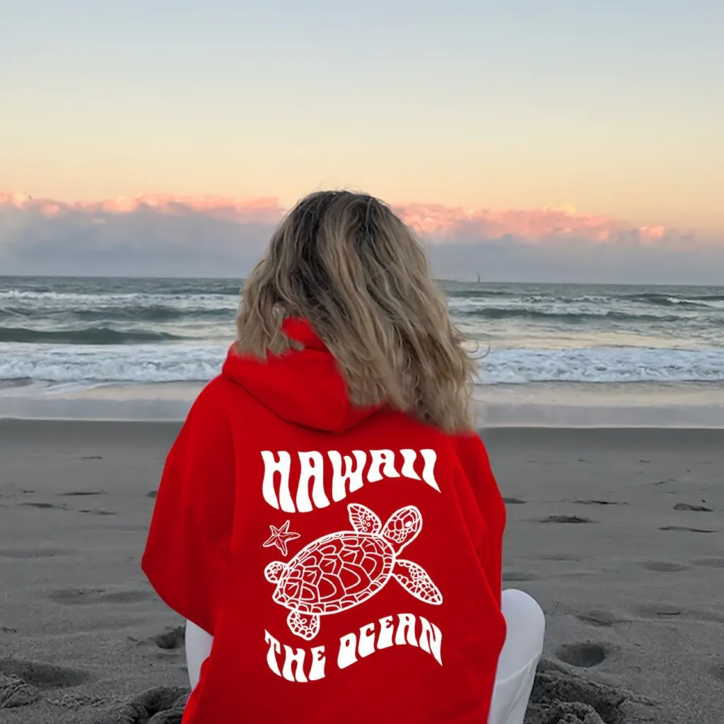 Comfortable Suede Hoodie Turtle And Starfish Pattern Sweater - Bright Red