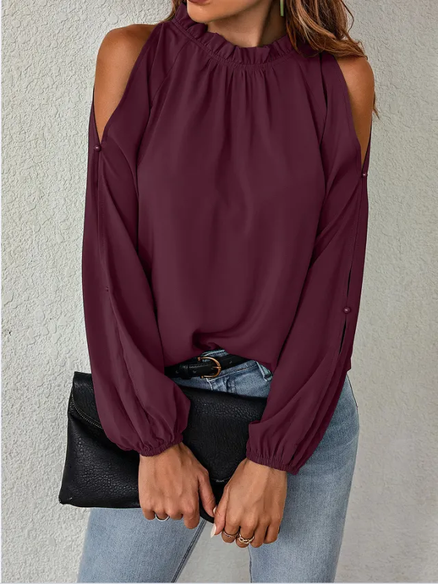 Ruffle Round Neck Long Sleeve Pleated Off shoulder Top Wine Red - Shop at LoveMi