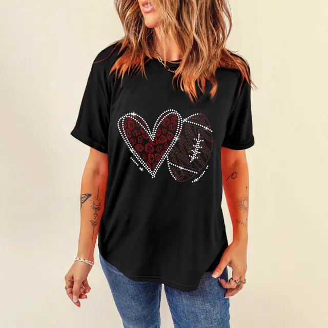 Heart Printing Pullover Pure Cotton Short Sleeve T shirt Black - Shop at LoveMi