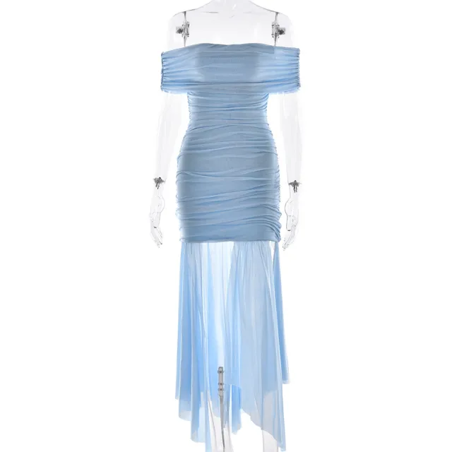 New Stylish And Sexy Strapless Waist cinching Solid color Dress Blue - Shop at LoveMi