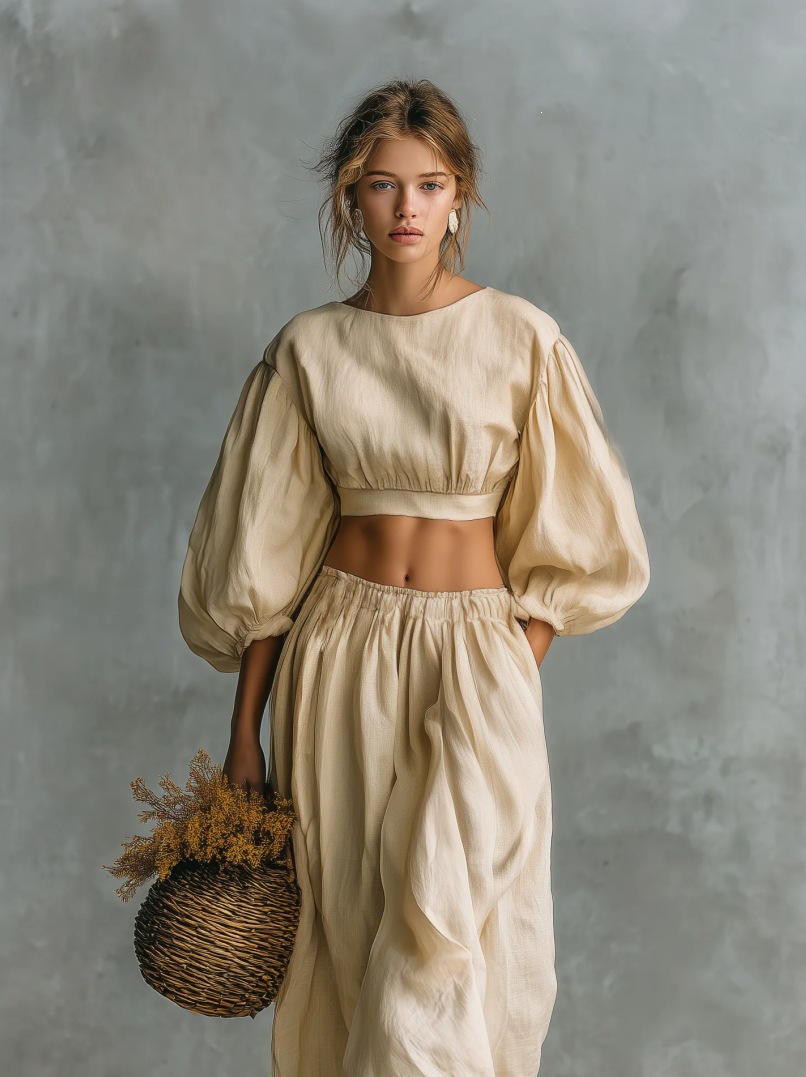 Women's puff-sleeve matching set in apricot, full outfit view showing coordinated look