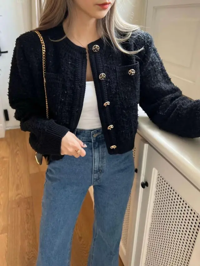 Knitted Top Women's Round Neck Sweater Coat Black - Shop at LoveMi