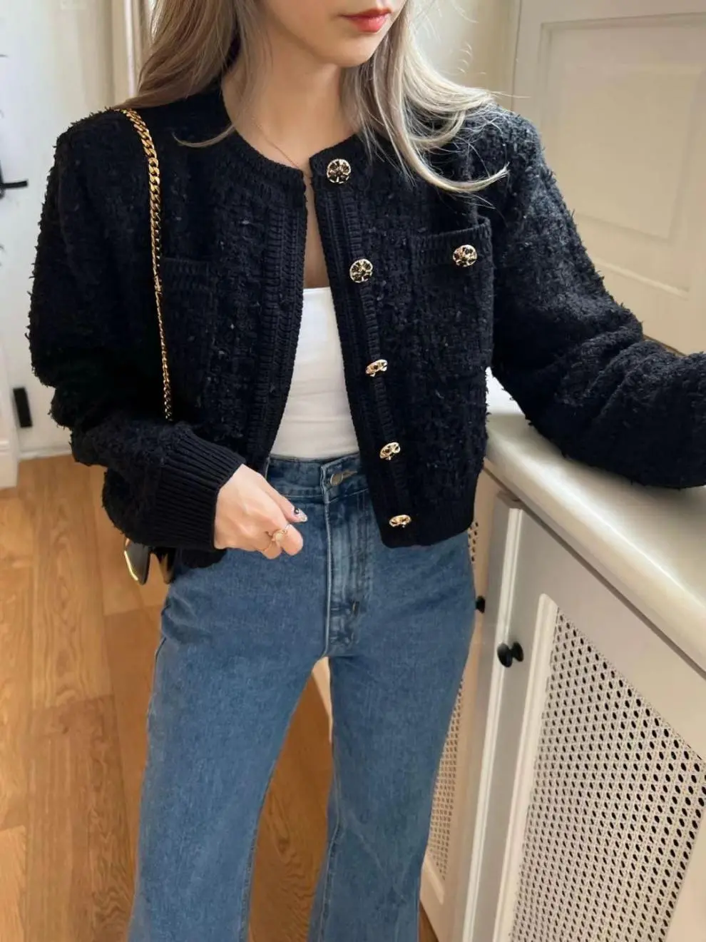 Knitted Top Women's Round Neck Sweater Coat - Black