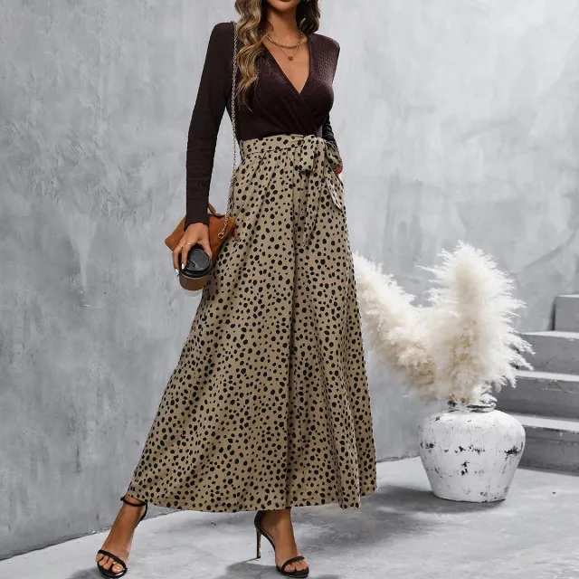 Elegant Women's One piece Elegant Long sleeved V neck Top Wide leg Pants Light Brown - Shop at LoveMi