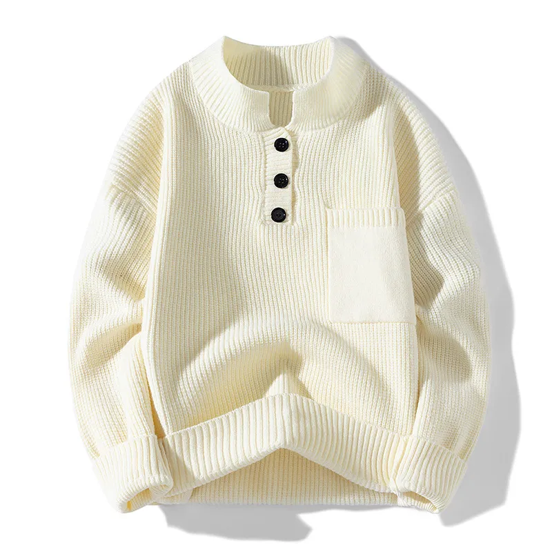 Women's Solid Color Versatile Half Turtleneck Button Sweater - Beige