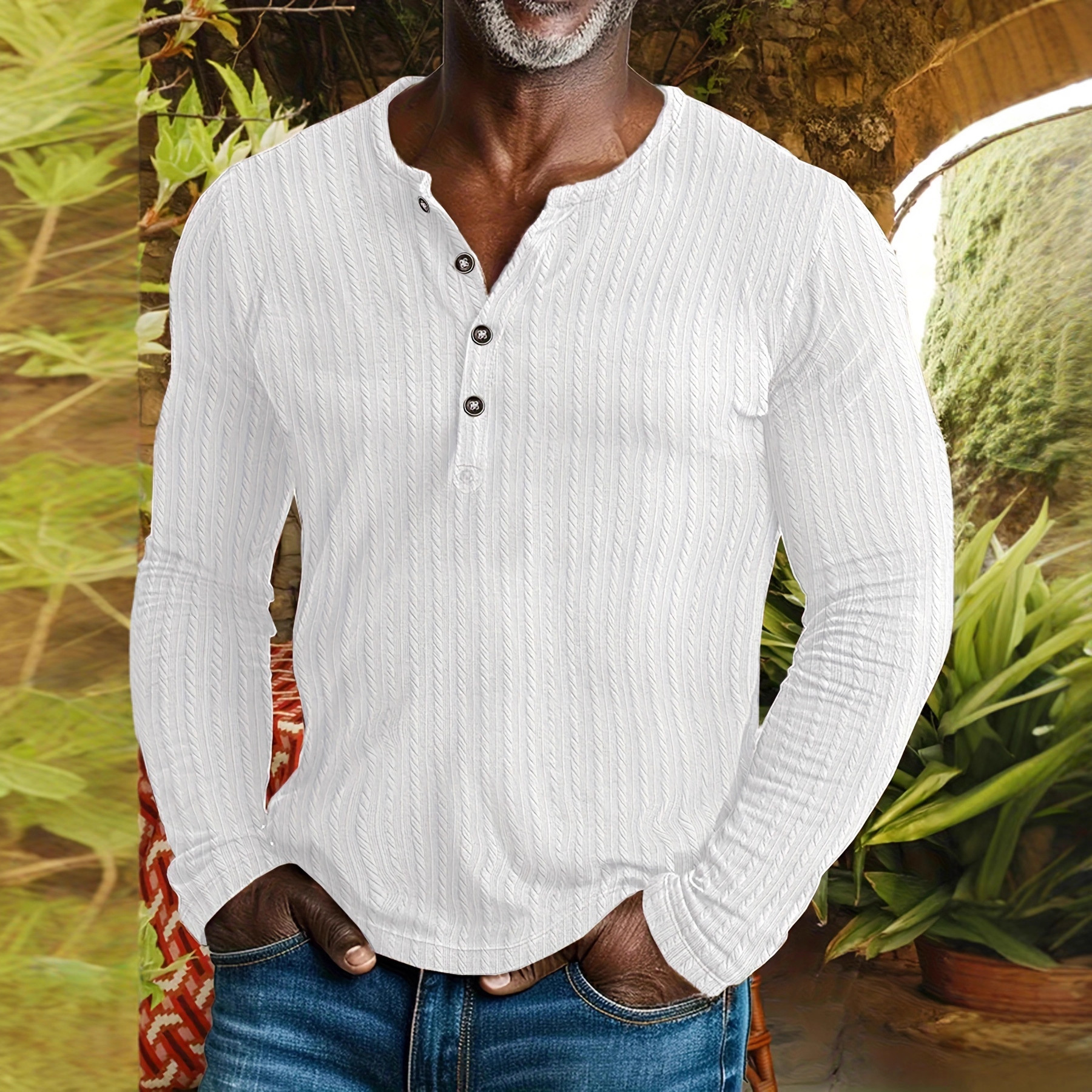 Textured Fabric Solid Color Knitted Crew Neck Buttoned Long Sleeves