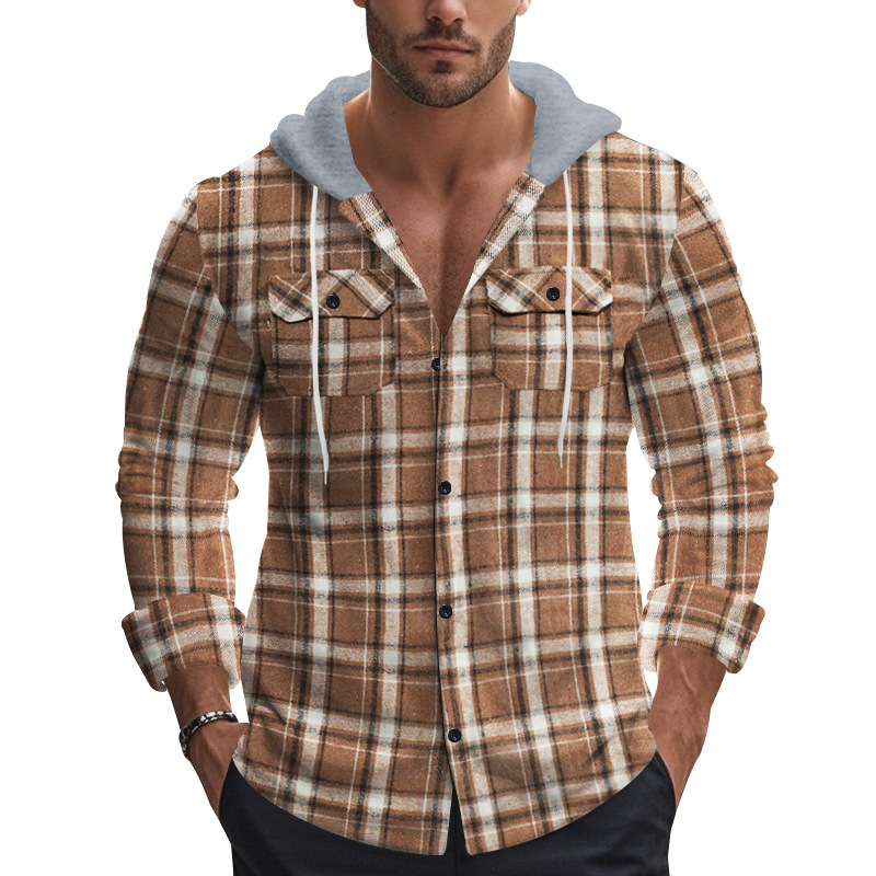 Men Flap Pocket Drawstring Hooded Plaid Shirt