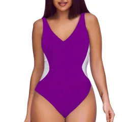 Women's One-piece Deep V Contrast Colour Swimsuit - Dark Violet-Xl - View 1