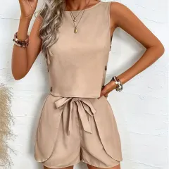 Womens Outerwear Two-Piece Set Solid-Colour Button-Embellished Pants And Top For Women - Khaki - View 1