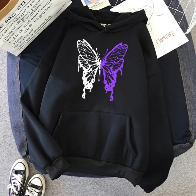 White And Purple Butterfly Pattern Hoodie Black - Shop at LoveMi