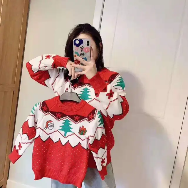 Christmas Sweater Pure Cotton Knitted Embroidery Pattern Parent child Red - Shop at LoveMi