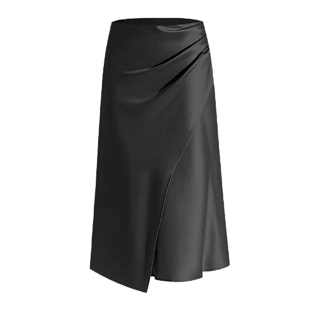 Women's High Waist Satin Heap Pleated Split Dress Black - Shop at LoveMi