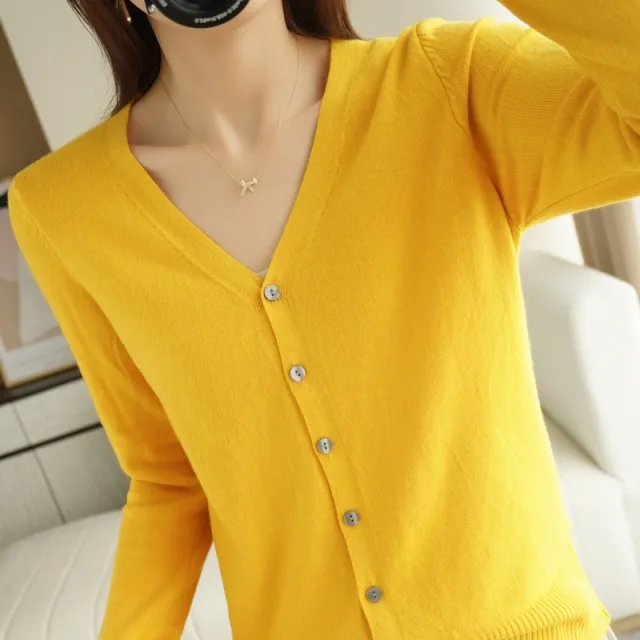 Spring And Summer New V neck Cardigan Loose Plus Size Women's Clothing Yellow - Shop at LoveMi
