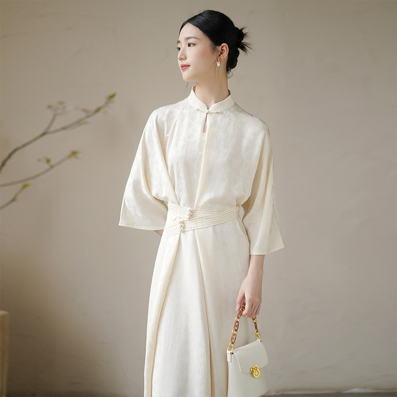 Water Drop Stand Collar Waist Seal Dress - 6