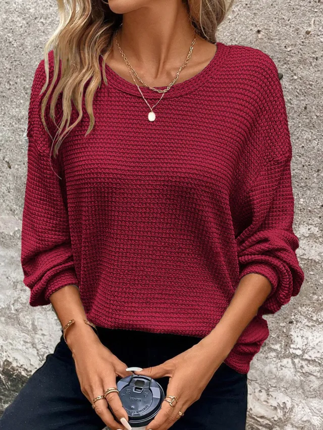 Waffle Round Neck Drop shoulder Long sleeve Solid Color Top Wine Red - Shop at LoveMi