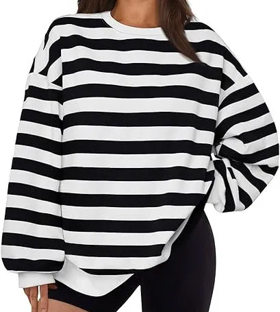 Women's Crew neck Pullover Casual Striped Sweatshirt Black - Shop at LoveMi