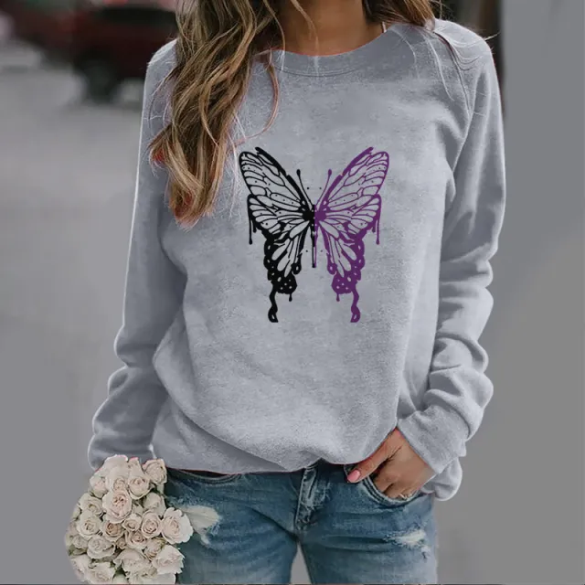 Fashion Colorized Butterfly Round Neck Sweater Printed Sports Top Gray - Shop at LoveMi