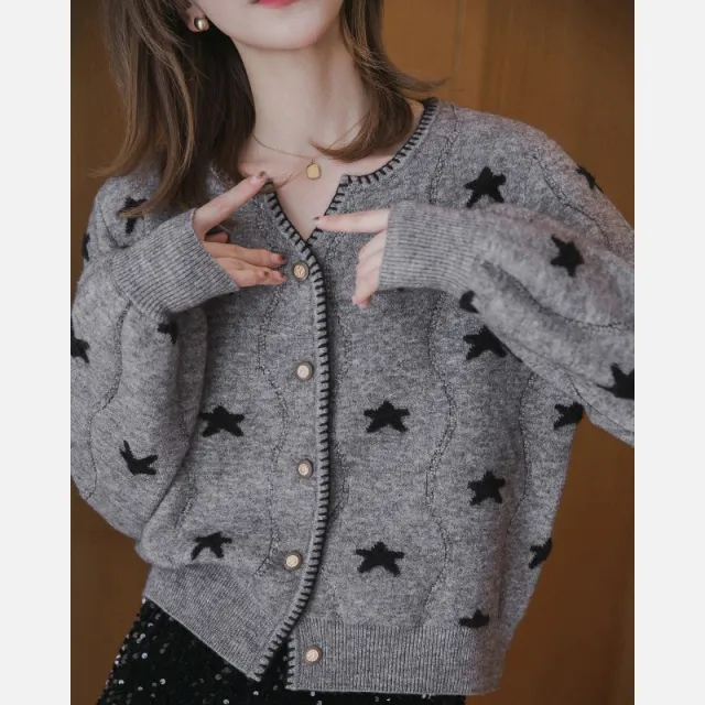 V neck Cardigan Gentle Outer Wear Knitted Button Soft Glutinous Sweater Gray - Shop at LoveMi