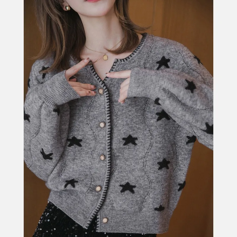V-neck Cardigan Gentle Outer Wear Knitted Button Soft Glutinous Sweater - Gray