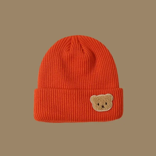 Knitted Wool Warm Hat Embroidered Bear Hat Orange - Shop at LoveMi
