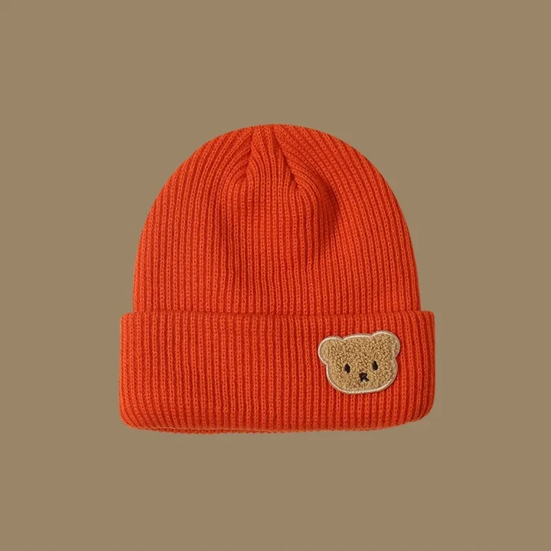 Knitted Wool Warm Hat Embroidered Bear Hat - Orange