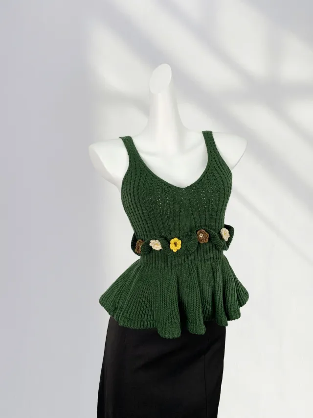 Retro French Handmade Crochet Three dimensional Flower Top Green Mori Style Small Flowers - Shop at LoveMi