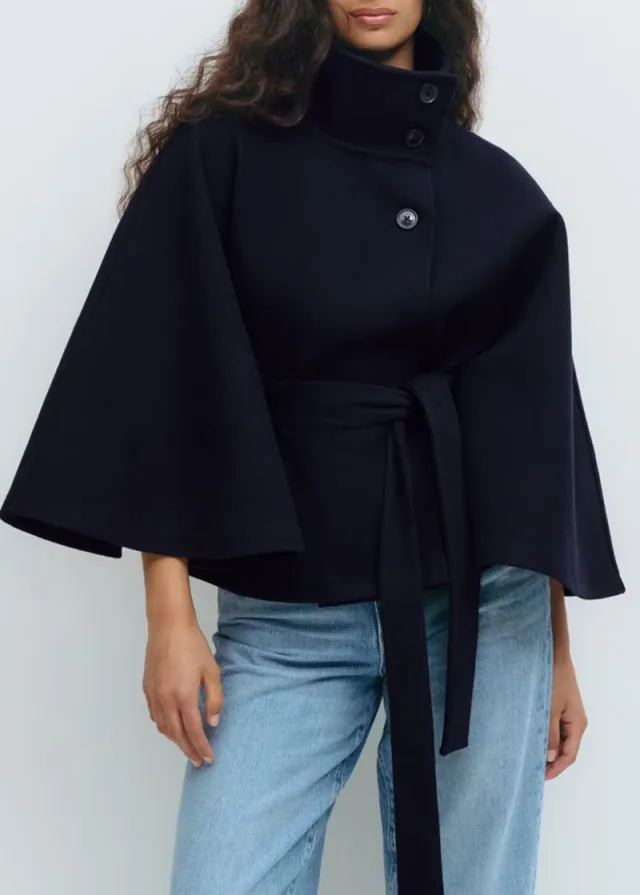 Winter High Neck Batwing Sleeve Coat With Belt Fashion Loose Elegant Button Top Trench Coat For Women Clothing Navy - Shop at LoveMi