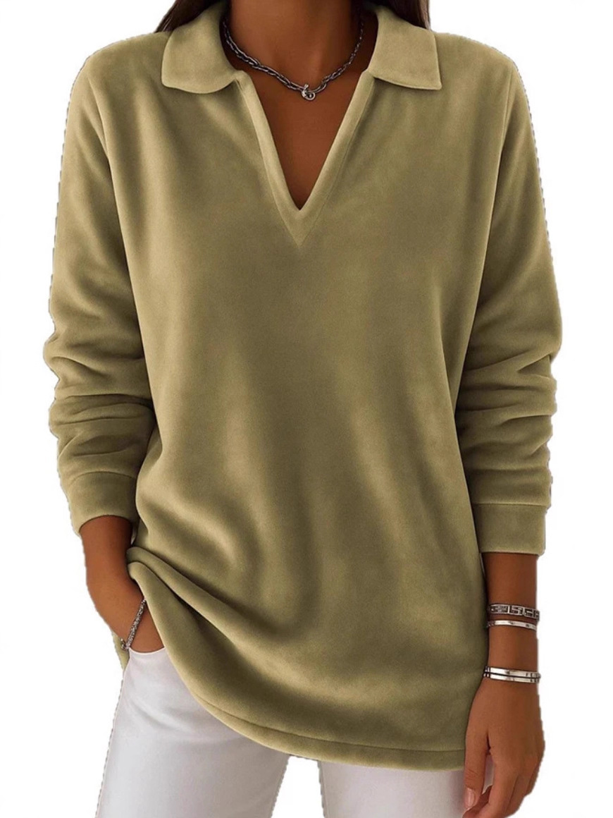 Solid Color Velvet Relaxed Fit Casual Long Sleeve Top - Image 2