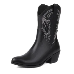 Women's Fashionable Simple Thick Mid Heel Sleeve Embroidered Ankle Boots - Red - View 1