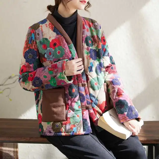 Ethnic Style Presbyopic Cotton padded Jacket Brown - Shop at LoveMi