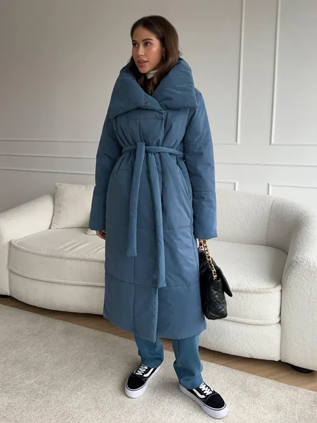 European And American Loose Leisure Warm Long Stand up Collar Cotton Coat Jacket Blue - Shop at LoveMi