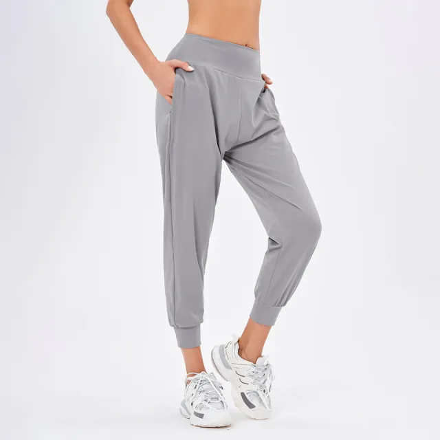 Women's Sports Solid Color High Waist Simple Pocket Casual Pants Rock Ash S - Shop at LoveMi