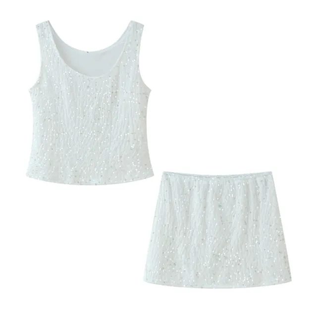 Sequin Sling Top High Waist Mid length Dress Set White - Shop at LoveMi