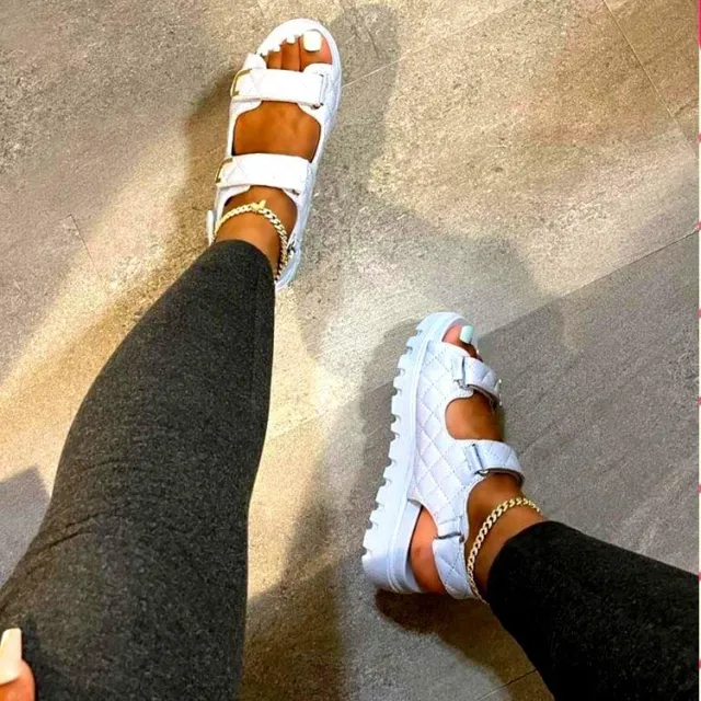 Women's Sandals European And American Plus Size Classic Style Plaid Velcro Thick Low Beach White - Shop at LoveMi