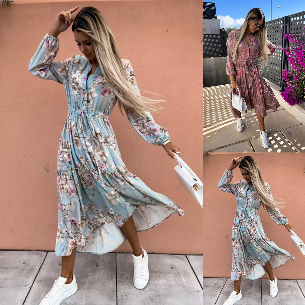 V-neck Long Sleeve Printed Waist-controlled Large Swing Dress