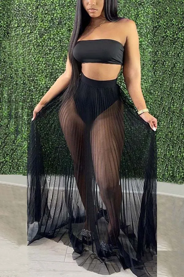 Fashion Women Mesh Pleated Skirt Three-piece Dress - Black