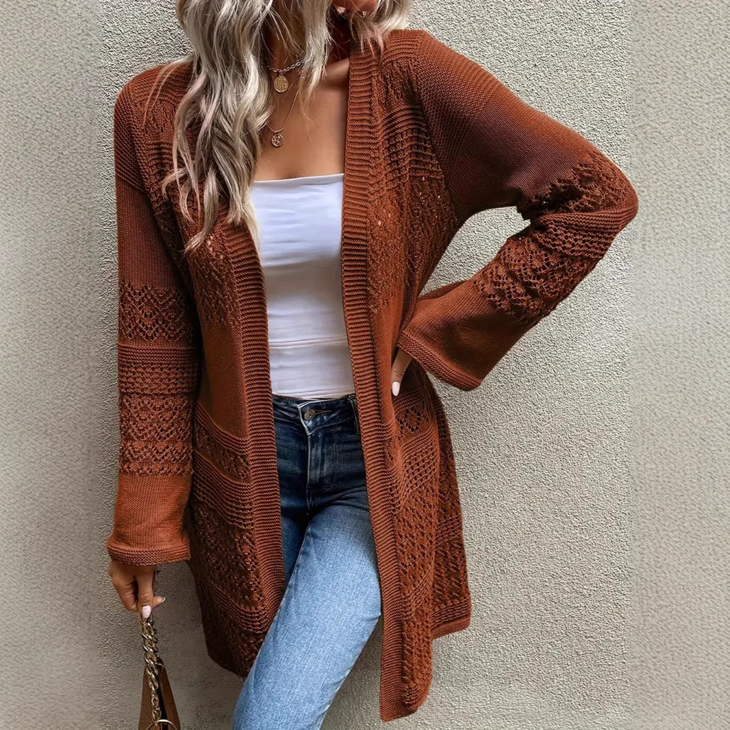 Elegant Mature Solid-color Hollow-out Long-sleeve Plus-size Womens Cardigan
