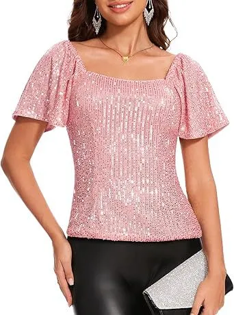 Women's Square Collar Fashion Short Sleeve Sequins Puff Sleeve Shirt Pink - Shop at LoveMi